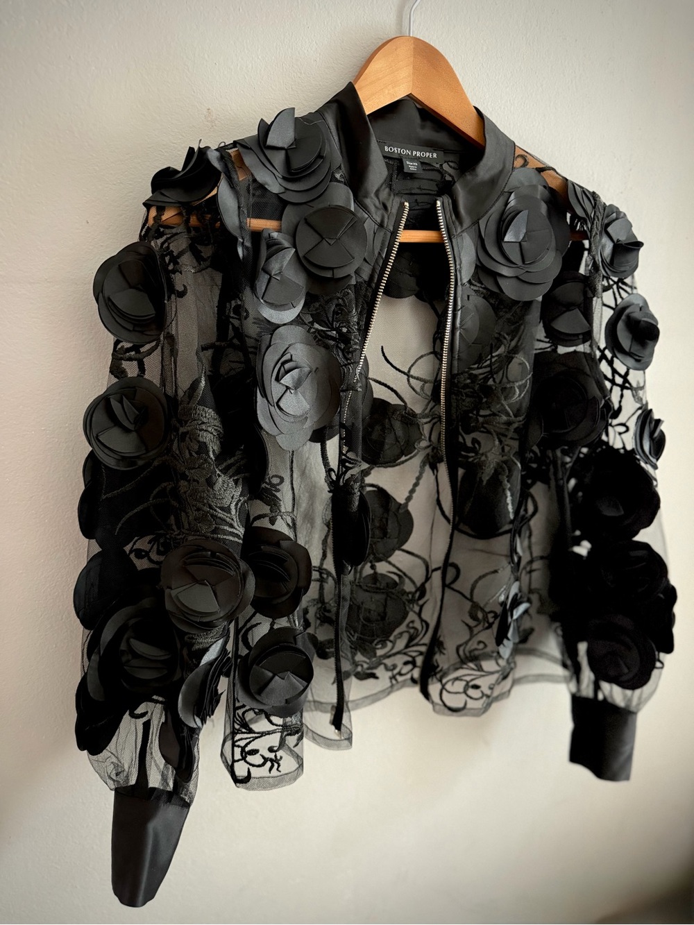 Boston Proper Black Sheer Floral Appliqué Bomber Jacket - Picture 11 of 11